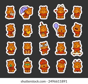 Cute kawaii bear in t-shirt with funny face. Sticker Bookmark. Adorable cartoon character. Hand drawn style. Vector drawing. Collection of design elements.