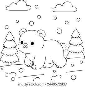 Cute Kawaii Bear Walking on Snow Cartoon Character Coloring Page Vector Illustration