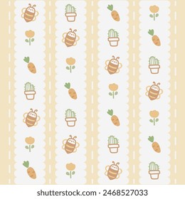 Cute Kawaii Bee, Carrot and Flower Pattern with Yellow Background