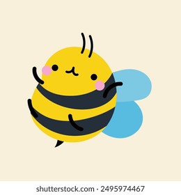 Cute kawaii bee in cartoon, flat, doodle, simple style. Design element for posters, postcards, greeting cards, wallpapers, children's clothes, fabrics, t-shirts, logos