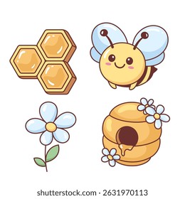 Cute kawaii bee, flower, honeycomb and beehive vector drawing, cute cartoon style kids illustration