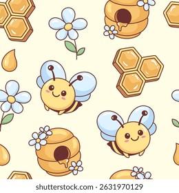 Cute kawaii bee, flower, honeycomb and beehive seamless pattern, background, cute cartoon style kids illustration