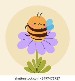 Cute kawaii bee and flowers in cartoon, flat, doodle, simple style. Design element for posters, postcards, greeting cards, wallpapers, children's clothes, fabrics, t-shirts, logos