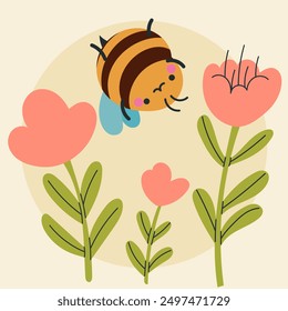Cute kawaii bee and flowers in cartoon, flat, doodle, simple style. Design element for posters, postcards, greeting cards, wallpapers, children's clothes, fabrics, t-shirts, logos
