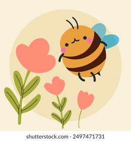 Cute kawaii bee and flowers in cartoon, flat, doodle, simple style. Design element for posters, postcards, greeting cards, wallpapers, children's clothes, fabrics, t-shirts, logos