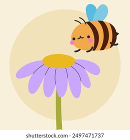 Cute kawaii bee and flowers in cartoon, flat, doodle, simple style. Design element for posters, postcards, greeting cards, wallpapers, children's clothes, fabrics, t-shirts, logos