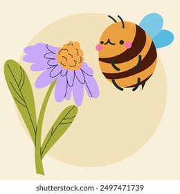 Cute kawaii bee and flowers in cartoon, flat, doodle, simple style. Design element for posters, postcards, greeting cards, wallpapers, children's clothes, fabrics, t-shirts, logos