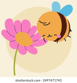 Cute kawaii bee and flowers in cartoon, flat, doodle, simple style. Design element for posters, postcards, greeting cards, wallpapers, children's clothes, fabrics, t-shirts, logos