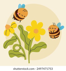 Cute kawaii bee and flowers in cartoon, flat, doodle, simple style. Design element for posters, postcards, greeting cards, wallpapers, children's clothes, fabrics, t-shirts, logos