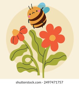 Cute kawaii bee and flowers in cartoon, flat, doodle, simple style. Design element for posters, postcards, greeting cards, wallpapers, children's clothes, fabrics, t-shirts, logos