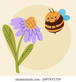 Cute kawaii bee and flowers in cartoon, flat, doodle, simple style. Design element for posters, postcards, greeting cards, wallpapers, children's clothes, fabrics, t-shirts, logos