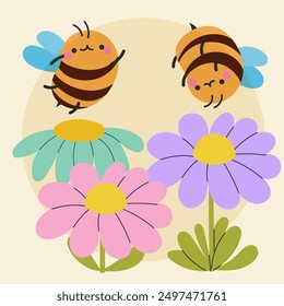 Cute kawaii bee and flowers in cartoon, flat, doodle, simple style. Design element for posters, postcards, greeting cards, wallpapers, children's clothes, fabrics, t-shirts, logos
