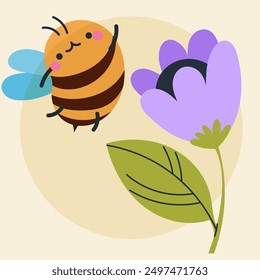 Cute kawaii bee and flowers in cartoon, flat, doodle, simple style. Design element for posters, postcards, greeting cards, wallpapers, children's clothes, fabrics, t-shirts, logos