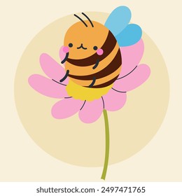 Cute kawaii bee and flowers in cartoon, flat, doodle, simple style. Design element for posters, postcards, greeting cards, wallpapers, children's clothes, fabrics, t-shirts, logos