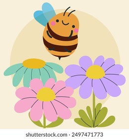Cute kawaii bee and flowers in cartoon, flat, doodle, simple style. Design element for posters, postcards, greeting cards, wallpapers, children's clothes, fabrics, t-shirts, logos