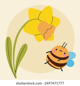 Cute kawaii bee and flowers in cartoon, flat, doodle, simple style. Design element for posters, postcards, greeting cards, wallpapers, children's clothes, fabrics, t-shirts, logos