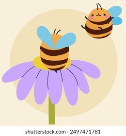 Cute kawaii bee and flowers in cartoon, flat, doodle, simple style. Design element for posters, postcards, greeting cards, wallpapers, children's clothes, fabrics, t-shirts, logos