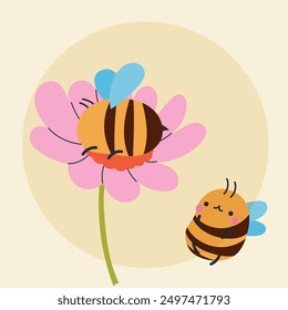 Cute kawaii bee and flowers in cartoon, flat, doodle, simple style. Design element for posters, postcards, greeting cards, wallpapers, children's clothes, fabrics, t-shirts, logos
