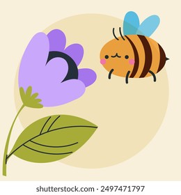 Cute kawaii bee and flowers in cartoon, flat, doodle, simple style. Design element for posters, postcards, greeting cards, wallpapers, children's clothes, fabrics, t-shirts, logos