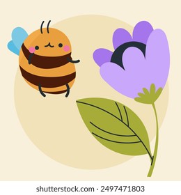 Cute kawaii bee and flowers in cartoon, flat, doodle, simple style. Design element for posters, postcards, greeting cards, wallpapers, children's clothes, fabrics, t-shirts, logos