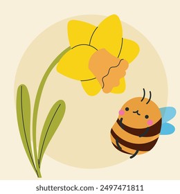 Cute kawaii bee and flowers in cartoon, flat, doodle, simple style. Design element for posters, postcards, greeting cards, wallpapers, children's clothes, fabrics, t-shirts, logos