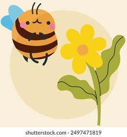 Cute kawaii bee and flowers in cartoon, flat, doodle, simple style. Design element for posters, postcards, greeting cards, wallpapers, children's clothes, fabrics, t-shirts, logos