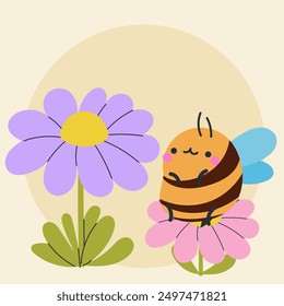 Cute kawaii bee and flowers in cartoon, flat, doodle, simple style. Design element for posters, postcards, greeting cards, wallpapers, children's clothes, fabrics, t-shirts, logos