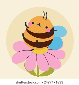 Cute kawaii bee and flowers in cartoon, flat, doodle, simple style. Design element for posters, postcards, greeting cards, wallpapers, children's clothes, fabrics, t-shirts, logos