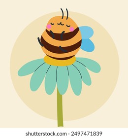 Cute kawaii bee and flowers in cartoon, flat, doodle, simple style. Design element for posters, postcards, greeting cards, wallpapers, children's clothes, fabrics, t-shirts, logos