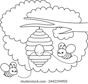 Cute kawaii Beehive with Bees  cartoon character coloring page vector illustration