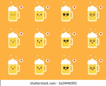 cute and kawaii beer flat design vector illustration. Funny beer glass character with smiling human emoji, cartoon vector illustration isolated on color background. Cute and funny mascots