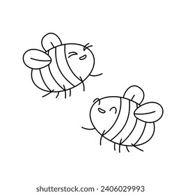 Cute kawaii bees. Characters. Coloring page, icon, black and white vector illustration.