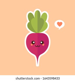Cute and kawaii Beet. Beetroot. Healthy Food concept. Emoji Emoticon collection. Cartoon characters for kids coloring book, colouring pages, t-shirt print, icon, logo, label, patch, sticker.