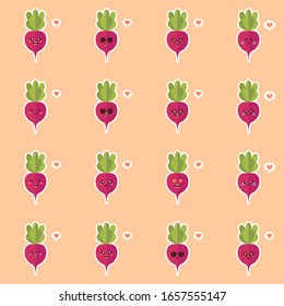 Cute and kawaii Beet. Beetroot. Healthy Food concept. Emoji Emoticon collection. Cartoon characters for kids coloring book, colouring pages, t-shirt print, icon, logo, label, patch, sticker.