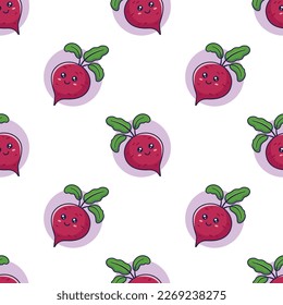 Cute kawaii Beet root seamless pattern in doodle style. Vector hand drawn cartoon Beet root illustration. Hand drawn Sketch of Beet root. Pattern for kids clothes.