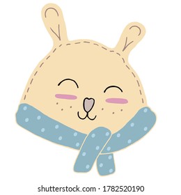 cute kawaii beige bear head with funny ears and nose heart in a scarf, kids toy, vector element with decorative stitching seam