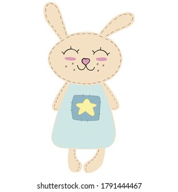 cute kawaii beige bunny with long ears and ruddy cheeks in a blue dress with a star, kids toy, vector element with decorative stitching seam