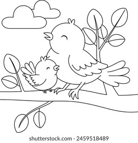 Cute kawaii bird and baby on the branch tree cartoon character coloring page vector illustration. Wild animal, mothers day colouring page for kids