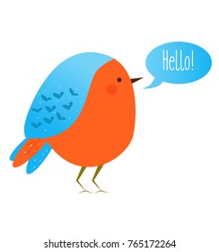 Cute kawaii bird with speech bubble saying Hello. Vector icon.
