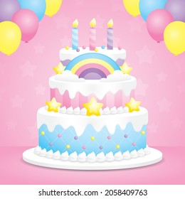 cute kawaii birthday cake with colorful balloons on sweet pastel pink background 3d illustration vector  