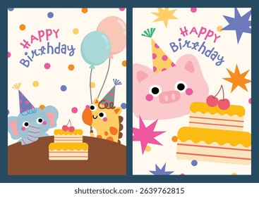 Cute kawaii birthday card set featuring adorable animal illustrations Perfect for kids celebrations fun parties and creative greetings with colorful designs.