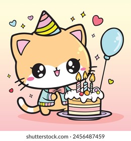 Cute kawaii birthday cat card invitation