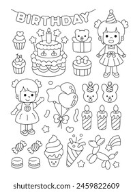 Nette Kawaii Geburtstag Mädchen Sticker Doodle Färbung Seite Illustration