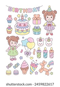 Cute Kawaii birthday girl stikers doodle illustration