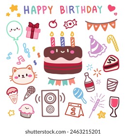 Cute Kawaii Birthday Hand Draw Collection. Adorable Cartoon Style.