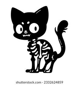 Cute kawaii black cat skeleton. Black magic kitty silhouette. Anime cartoon style. Halloween trick or treat funny character. Vector flat illustration isolated on white background.