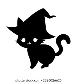 Cute kawaii black cat in witch hat. Black magic kitty silhouette. Anime cartoon style. Halloween trick or treat funny character. Vector flat illustration isolated on white background.