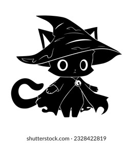 Cute kawaii black cat in witch hat. Black magic kitty silhouette. Anime cartoon style. Halloween trick or treat funny character. Vector flat illustration isolated on white background.