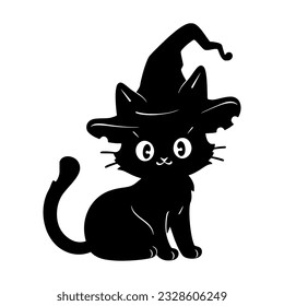 Cute kawaii black cat in witch hat. Black magic kitty silhouette. Anime cartoon style. Halloween trick or treat funny character. Vector flat illustration isolated on white background.