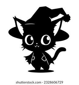 Cute kawaii black cat in witch hat. Black magic kitty silhouette. Anime cartoon style. Halloween trick or treat funny character. Vector flat illustration isolated on white background.